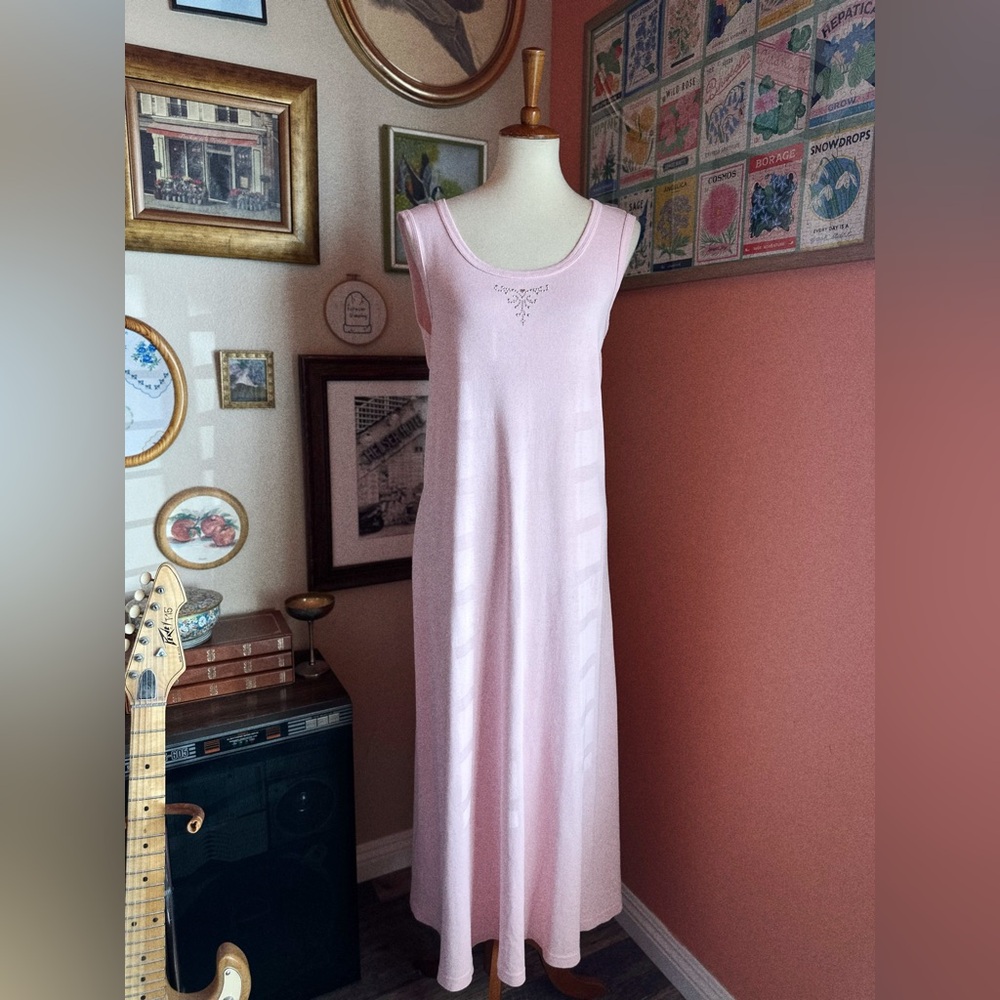 Y2K Soft Pink Scoop Neck Maxi Dress - Rhinestone Filigree Detail